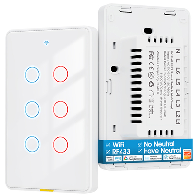 Bon prix Tuya WiFi Switch Timing 6 Gang Voice App Alexa Google Home Pas de fil neutre WiFi RF433 US Commutateur léger Maison intelligente en ligne