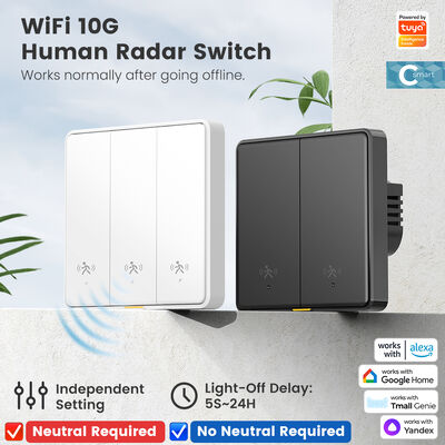 Bon prix Tuya WiFi Smart 10G Détecteur de mouvement radar humain pour interrupteur mural EU, interrupteur de lumière sans neutre, télécommande APP, contrôle vocal, minuterie, alarme pour maison intelligente en ligne